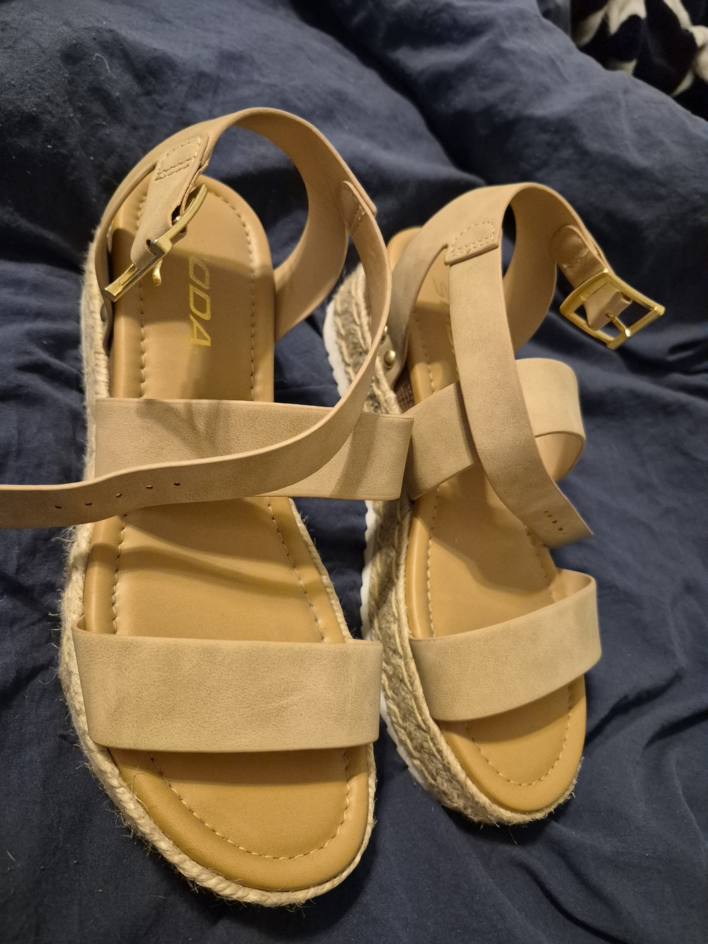 Soda Tan Espadrille Wedge Sandals with Gold Buckles